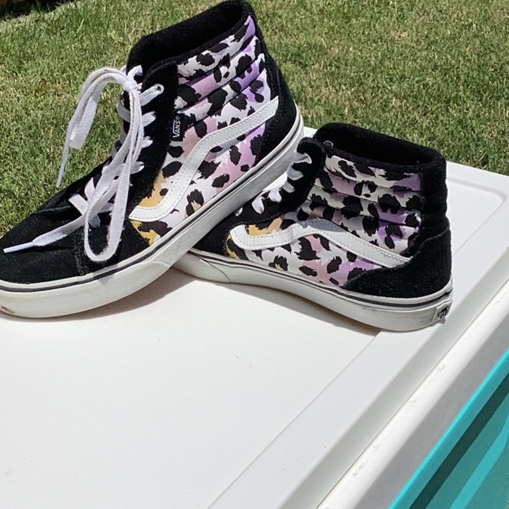 Vans Black and Purple High-Top Sneakers with Leopard Design